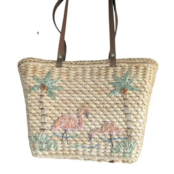 Vintage Y2K Cappelli Straworld Flamingo Sequin Straw Beach Tote Bag - Picture 2 of 6